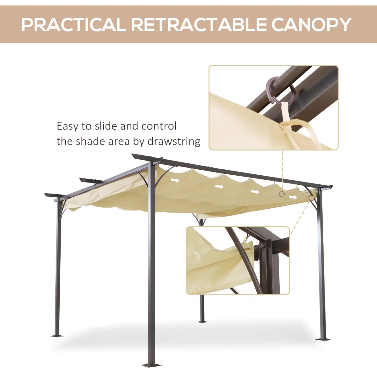 Outsunny Steel Pergola, 350L cm, Steel, Polyester-Black/Beige - Gazebos