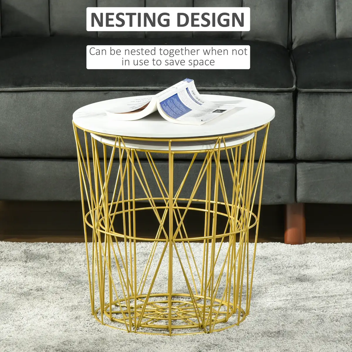 HOMCOM HOMCOM Set of 2 Nesting End Tables Side Tables w/ Basket Removable Top, White - Nest of Tables