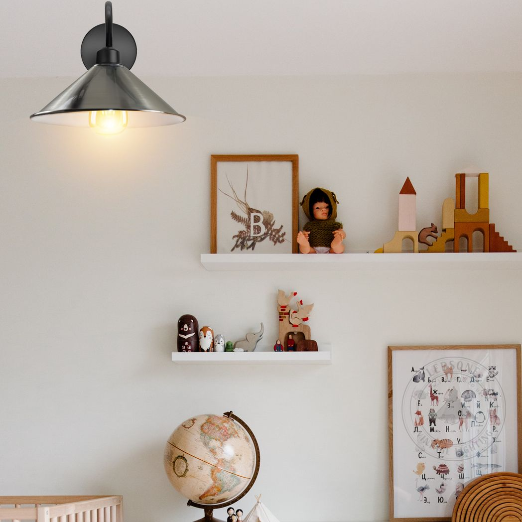 Home Symphony Premium Wall Light Satin Nickel Cone Shade Swan Neck Entry on a wall, ideal for hallways.