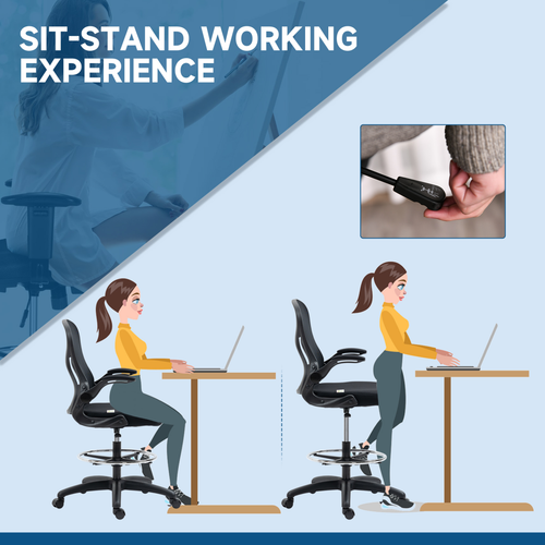 Vinsetto Draughtsman Chair Tall Office Chair w/ Adjustable Footrest Ring Black offers ergonomic support for sit-stand work.