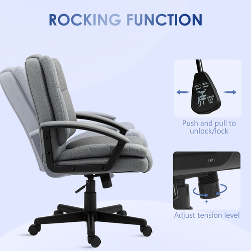 HOMCOM Swivel Executive Office Chair Mid Back Chair w/ Arm, Grey features a padded seat and adjustable rocking function.