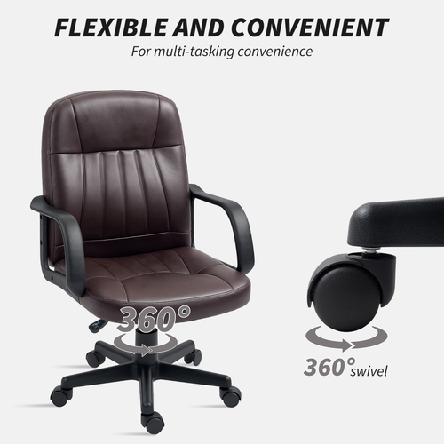 HOMCOM PU Leather Office Chair Swivel Home Computer Desk Chair, Dark Brown offers stylish comfort and 360° convenience.