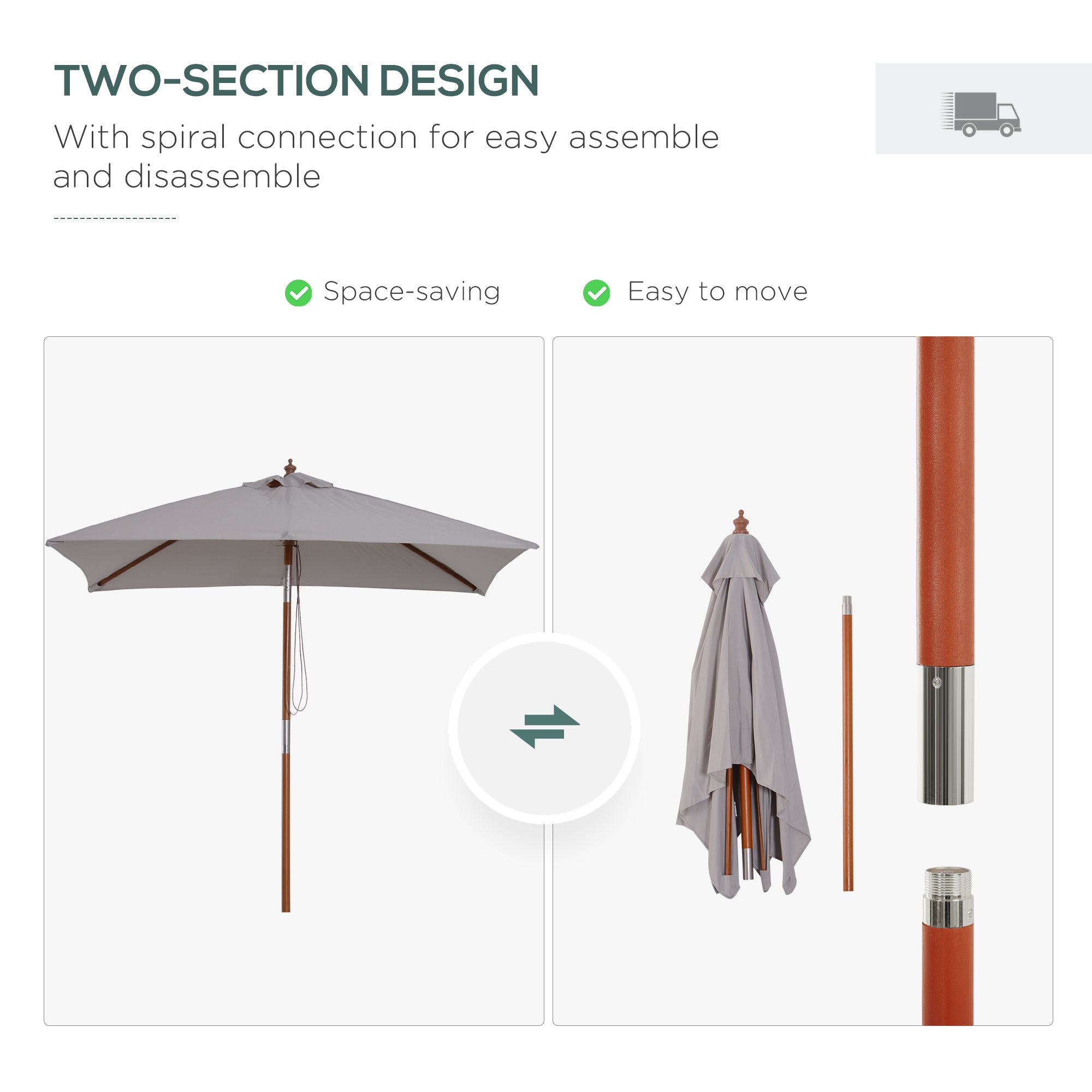 Wooden Patio Umbrella Market Parasol Outdoor Sunshade Grey Outsunny - Home Symphony