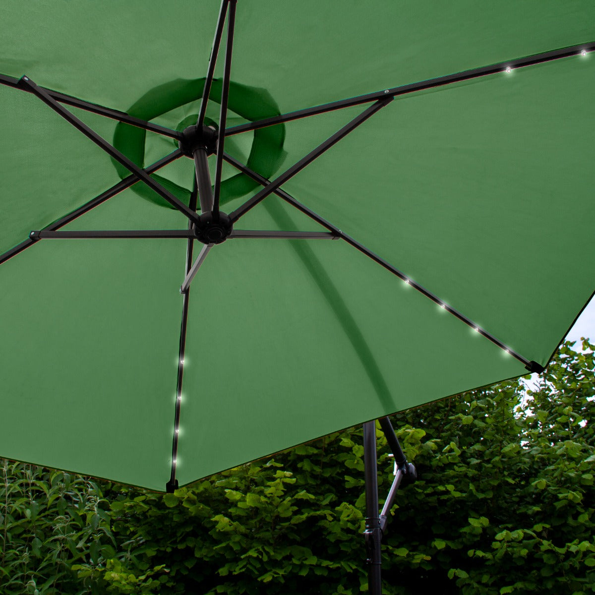 Green Cantilever Parasol 3m LED Fan Base Outdoor