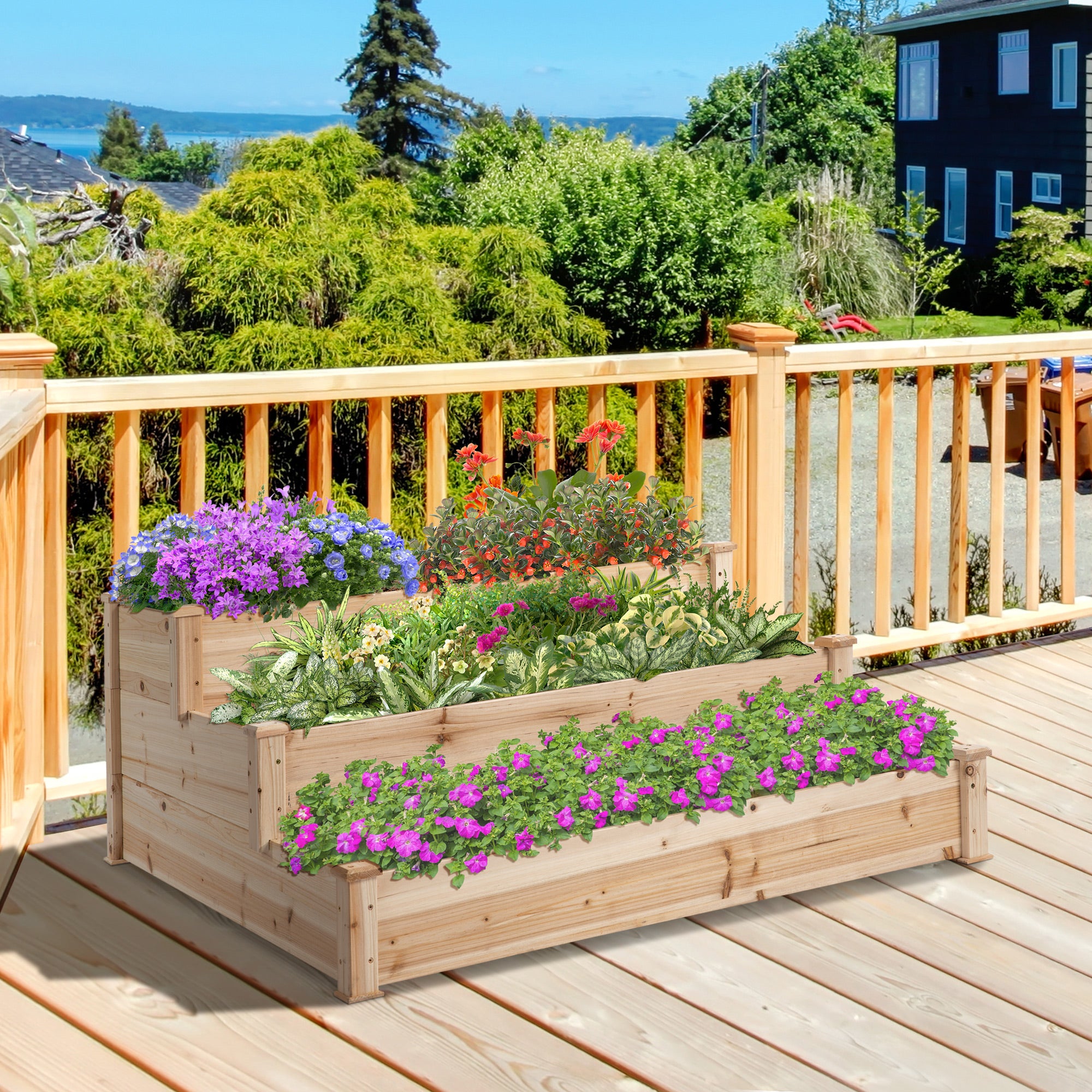 Premium Raised Bed Planter 124x124x56cm, three-tier wooden garden planter on a deck with colorful flowers.