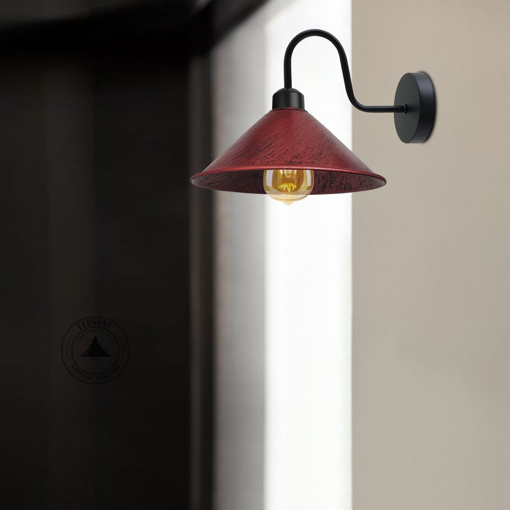 Rustic Red Wall Light Fixture Cone Shade Swan Neck wall sconce with warm glow — LEDSONE