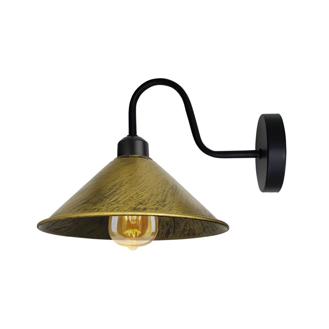 Brushed Brass Wall Light Cone Shade Swan Neck Sconce Home with curved black arm and cone shade.