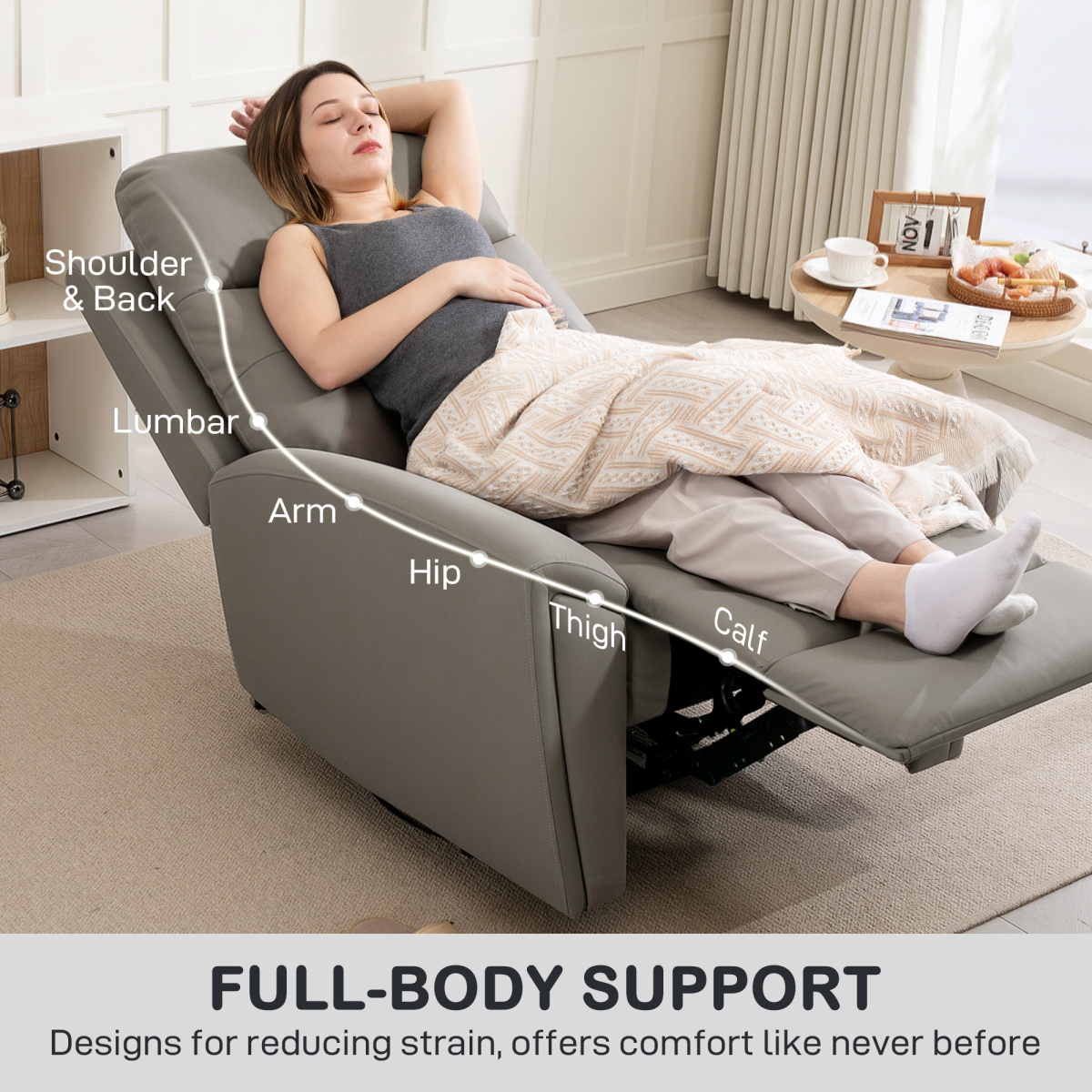 HOMCOM Full Size Manual Recliner Armchair For Living Room offers full-body support in a cozy living room scene.