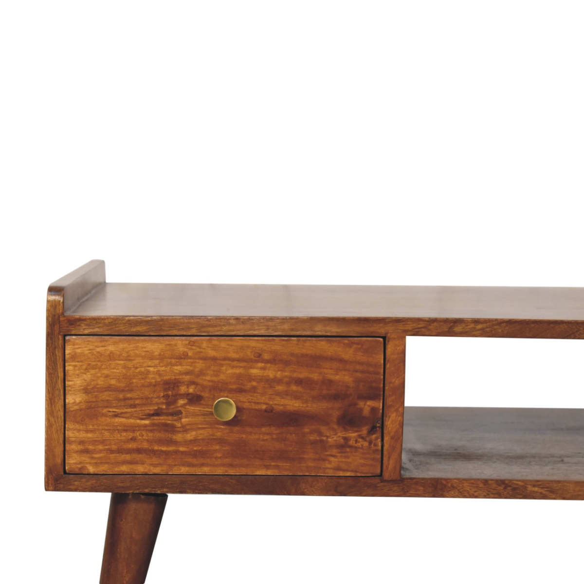 Artisan media unit: wide mango wood TV console in chestnut finish with raised edges and Nordic-style legs.