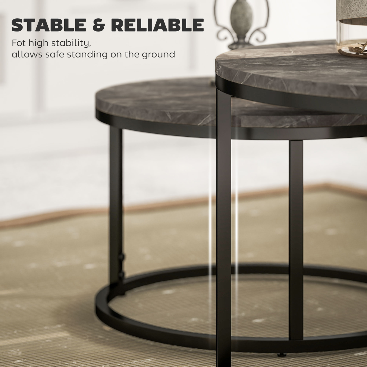 HOMCOM Two Piece Stacking Coffee Tables Set Large And Small Marble Effect MDF Tops Steel Frame With Foot Pads For Living Room