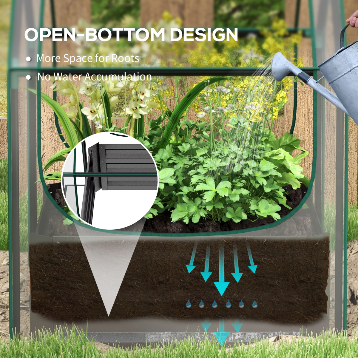 Outsunny raised garden bed planter with greenhouse cover, galvanised steel base, open-bottom design for root contact.