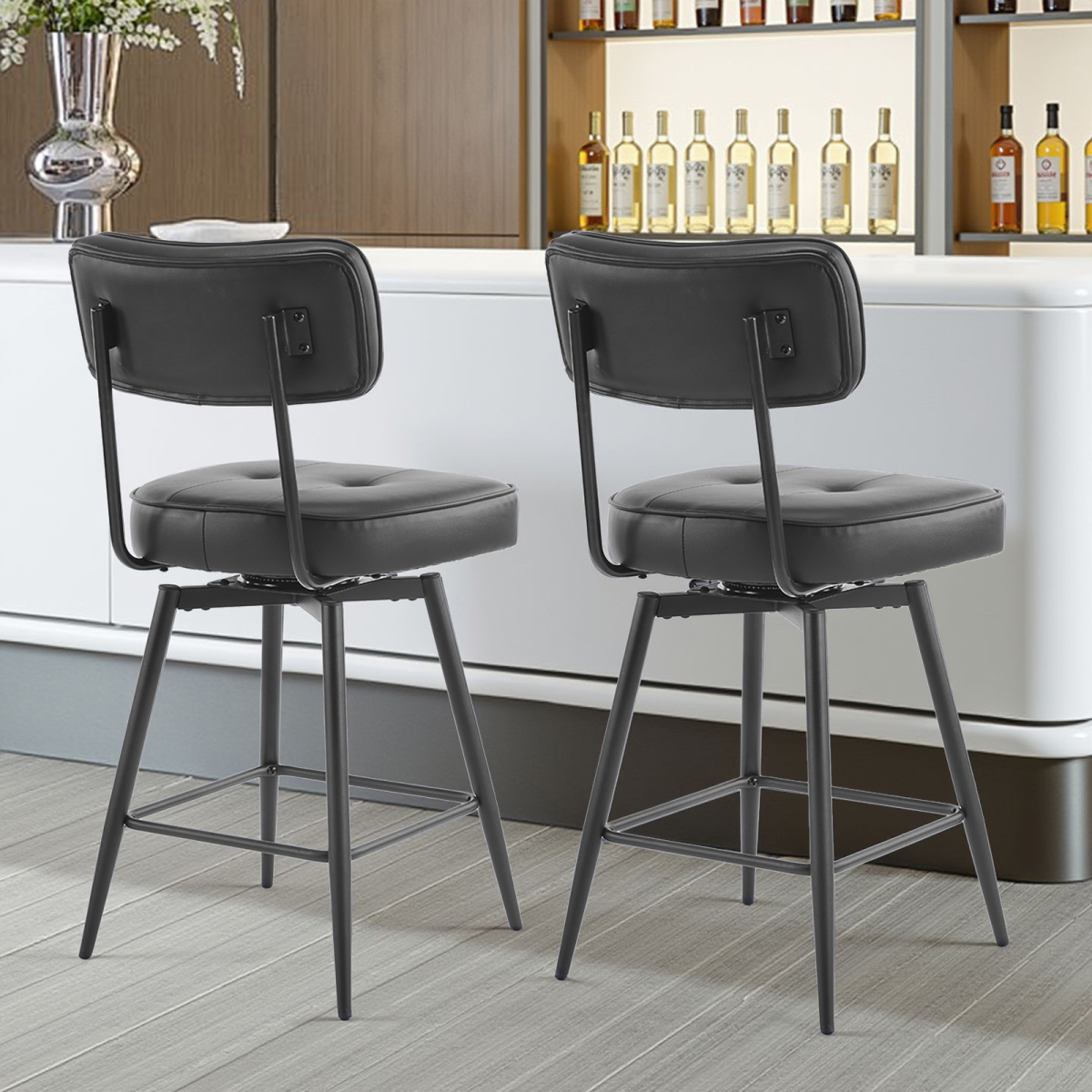 2 Pcs Black PU Swivel Bar Stools with Button-Tufted Backrest and Metal Legs - N/A - Home Symphony