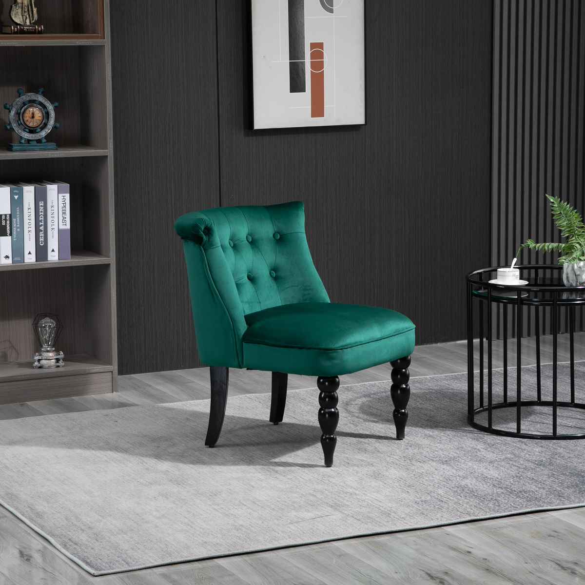 HOMCOM Velvet Wingback Chair Tufted Back Rubber Wood Legs in teal velvet, vintage-style living room accent chair.