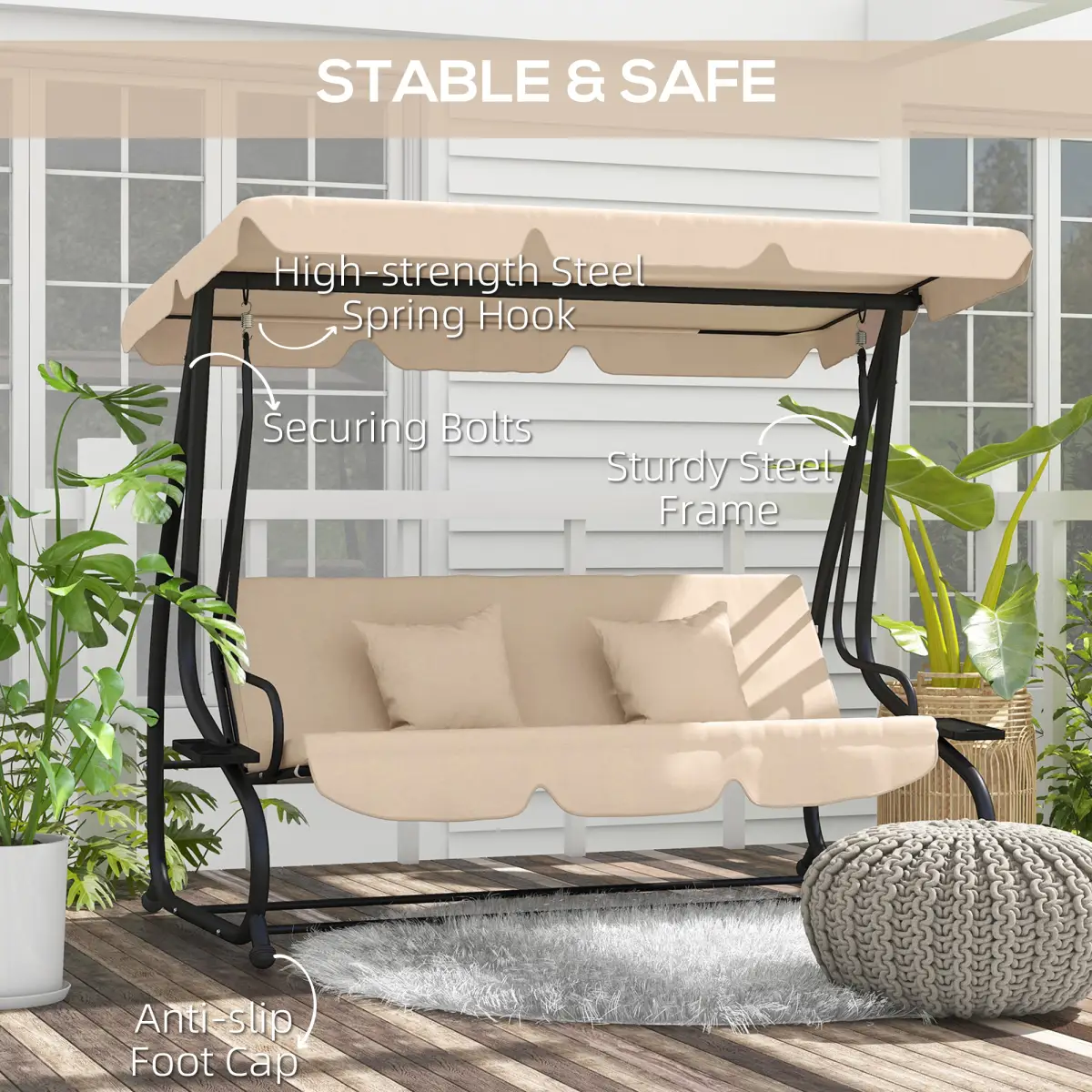 Outsunny Outsunny 2-in-1 Garden Swing Chair for 3 Person w/ Adjustable Canopy Light Brown - Hammocks