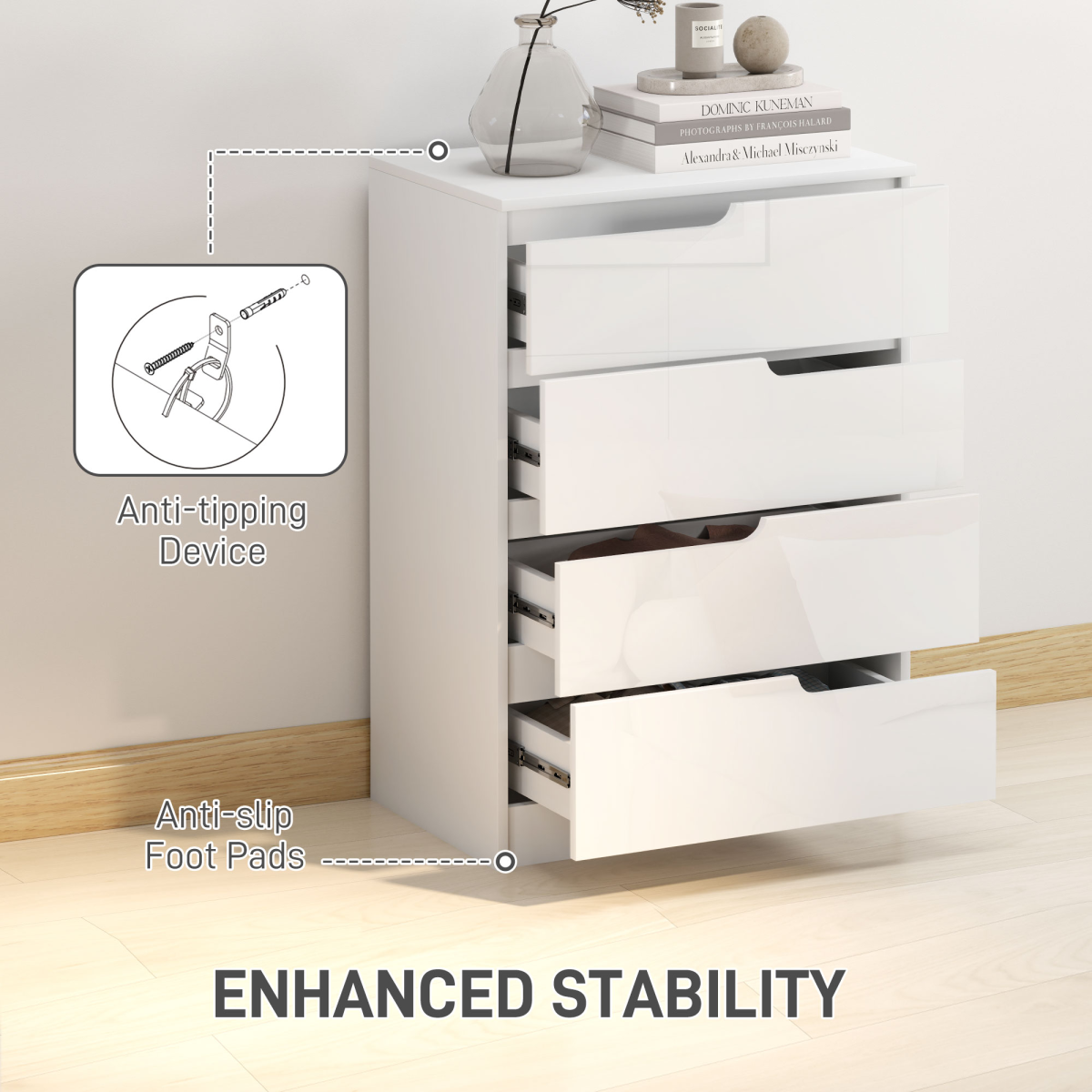 HOMCOM 4 Drawer Chest 60x40x85cm High Gloss Drawer Panels Hidden Curved Handles for Bedroom Storage - HOMCOM - Home Symphony