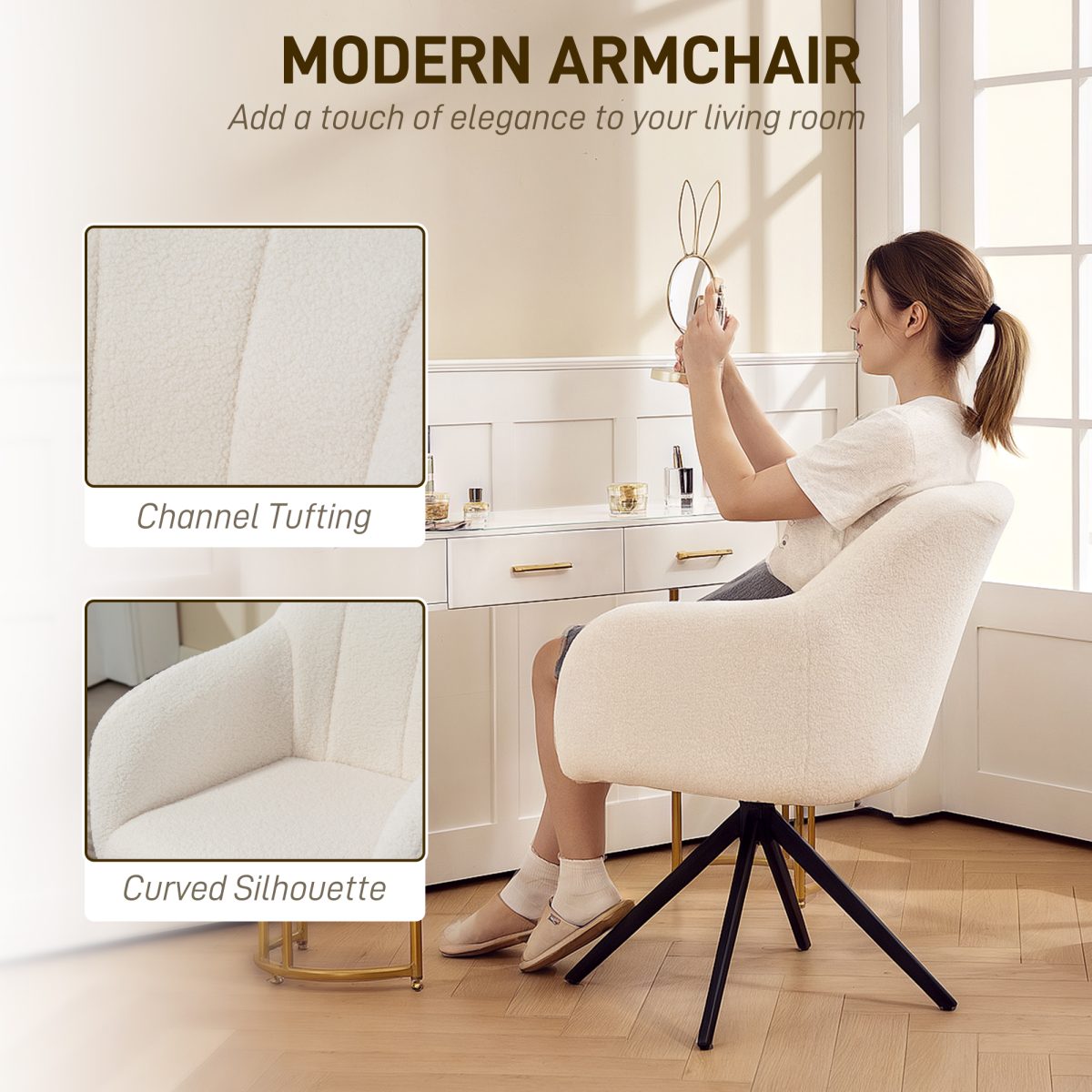 HOMCOM White teddy fleece swivel chair with 13cm-thick seat, curved silhouette, 360° swivel for living room.