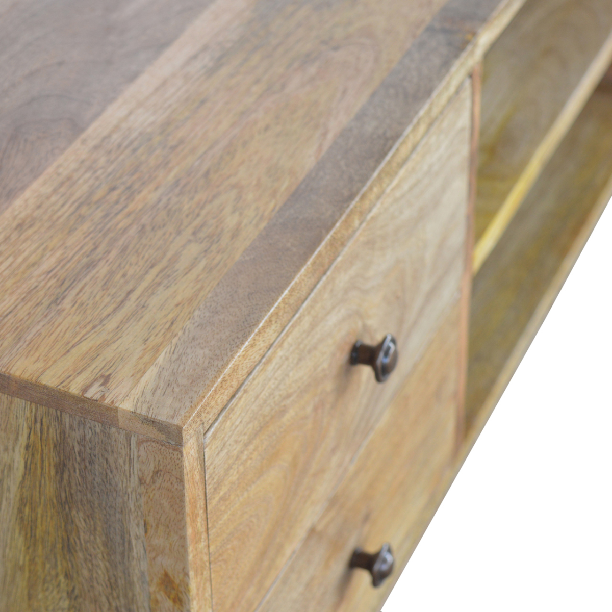 Artisan solid wood Nordic TV console with four drawers in natural finish, close-up of wood grain and knobs.