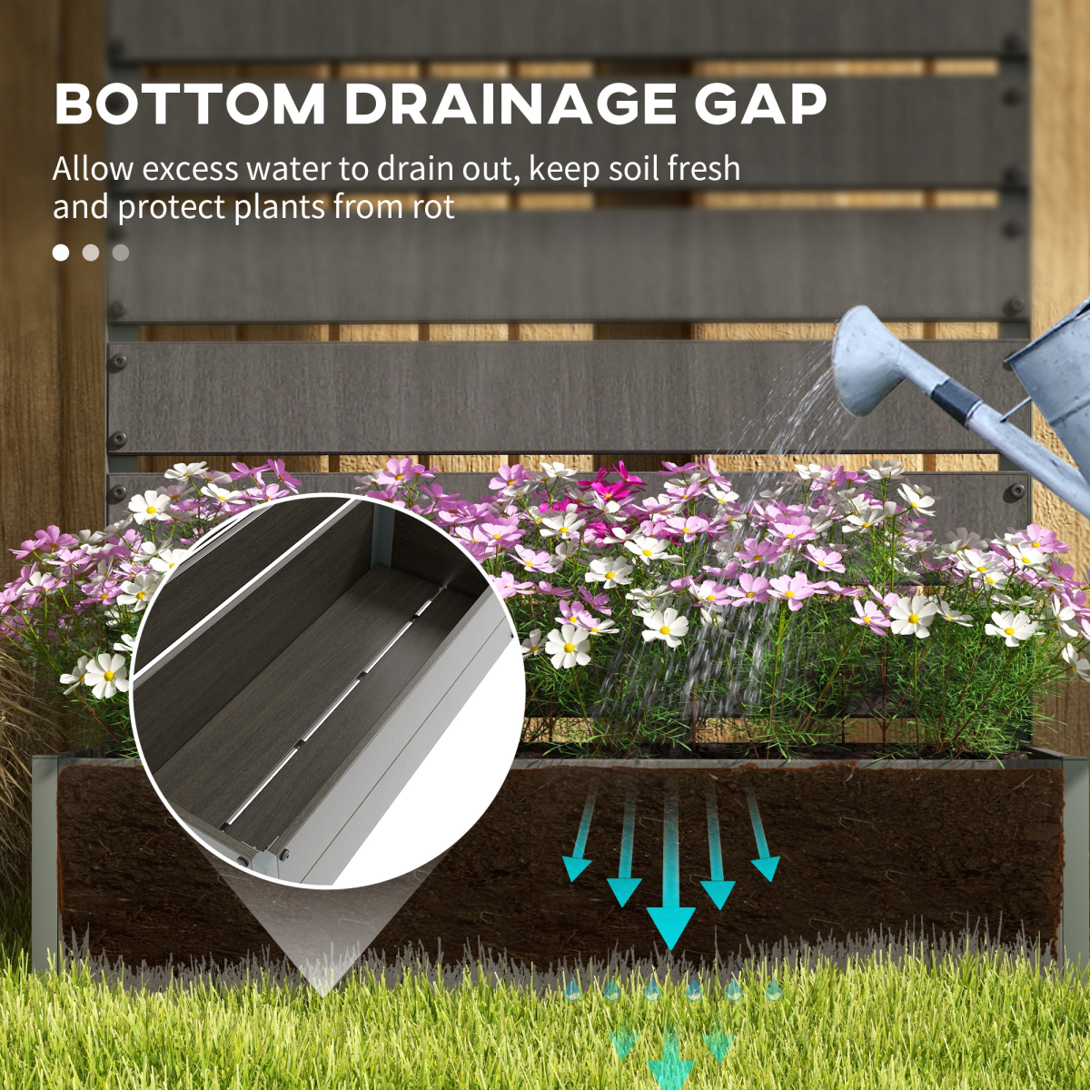 Outsunny Tall Raised Garden Bed with Trellis; herbs, vegetables, vines on trellis; close-up of slats.