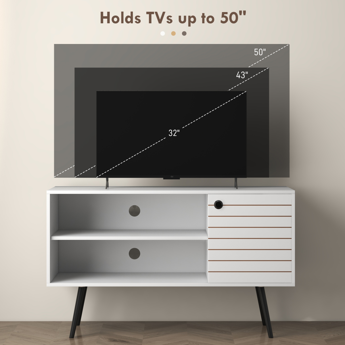 HOMCOM 50in TV unit with two shelves, side cupboard, and cable-management hole for tidy living-room entertainment.