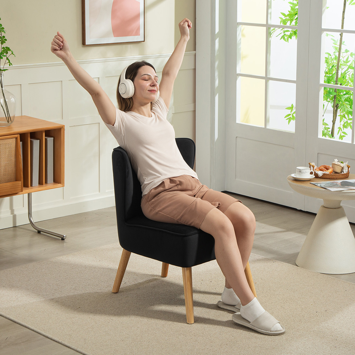 HOMCOM Velvet Tub Chair Compact Padding For Living Room: black armless chair with wooden legs and headphones