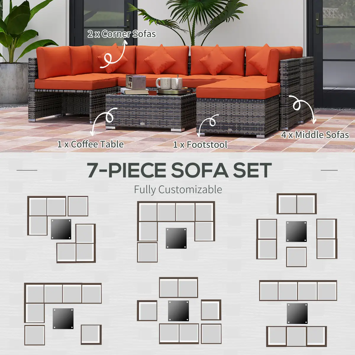 Outsunny Outsunny 8 Pieces Patio Rattan Sofa Set Outdoor Garden Furniture Set Orange - Garden Sofa Sets