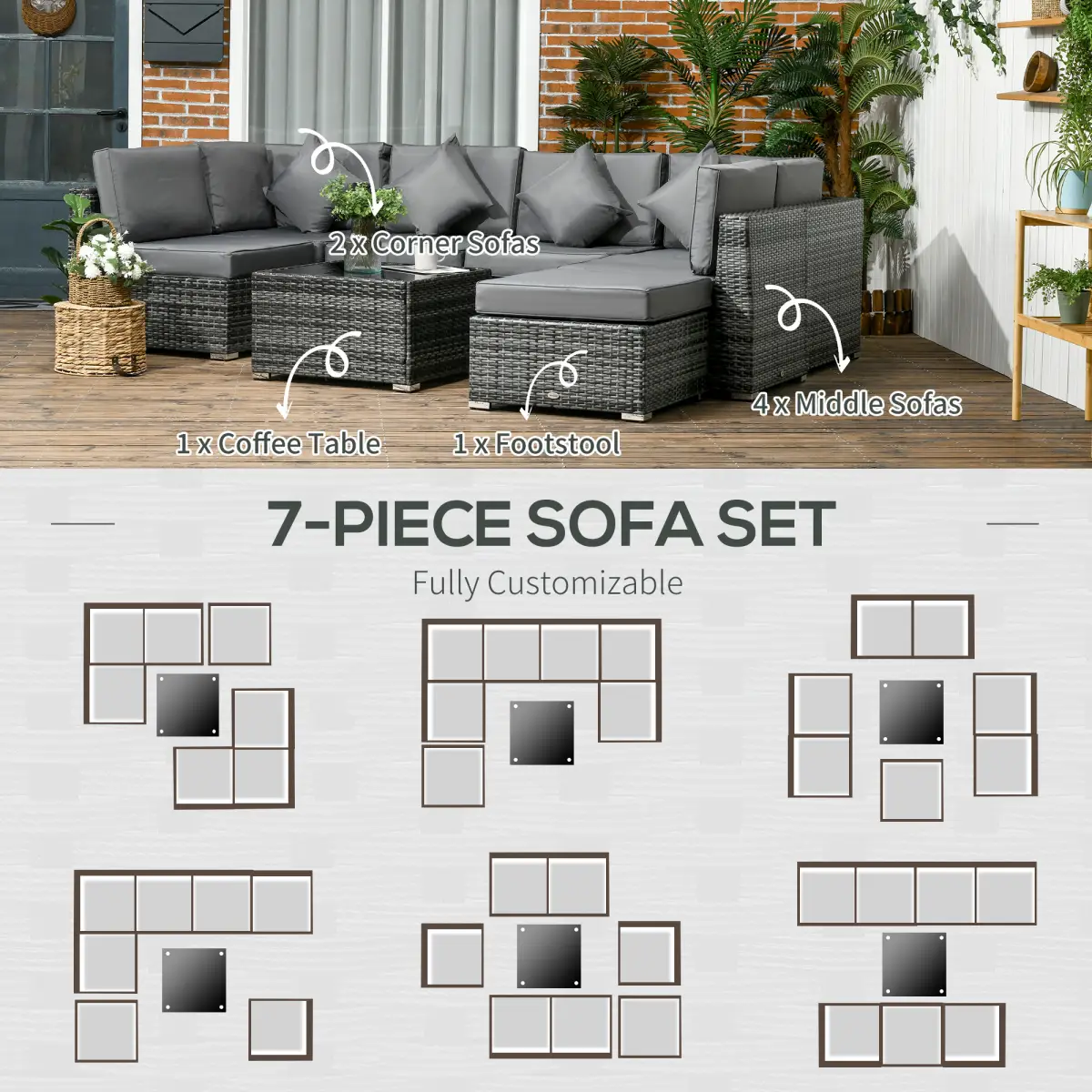 Outsunny Outsunny 8 Pieces Patio Rattan Sofa Set Garden Furniture Set for Outdoor Grey - Garden Sofa Sets