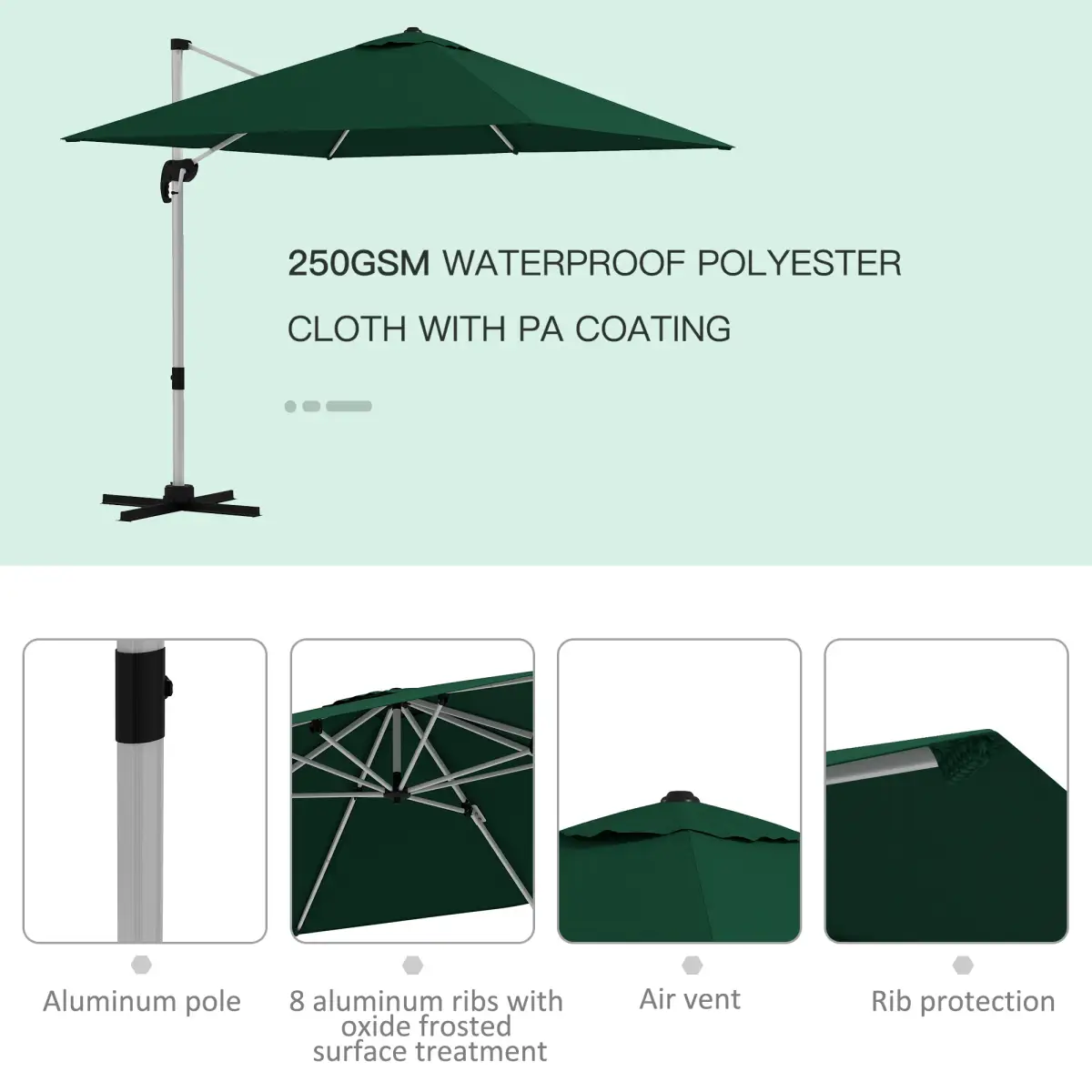 Outsunny Outsunny 3 x 3(m) Cantilever Roma Parasol Garden Umbrella with Cross Base Green - Parasol
