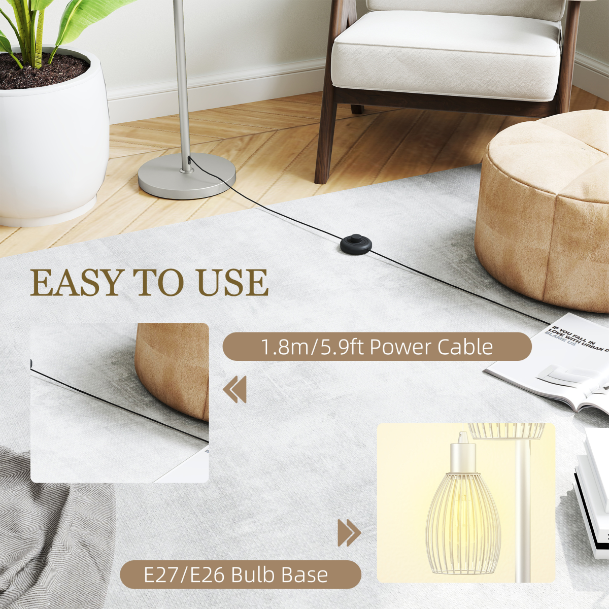 HOMCOM Industrial 3-Light Floor Lamp Dimmable Standing Lamp, Silver Tone with adjustable brightness knob and long cable.