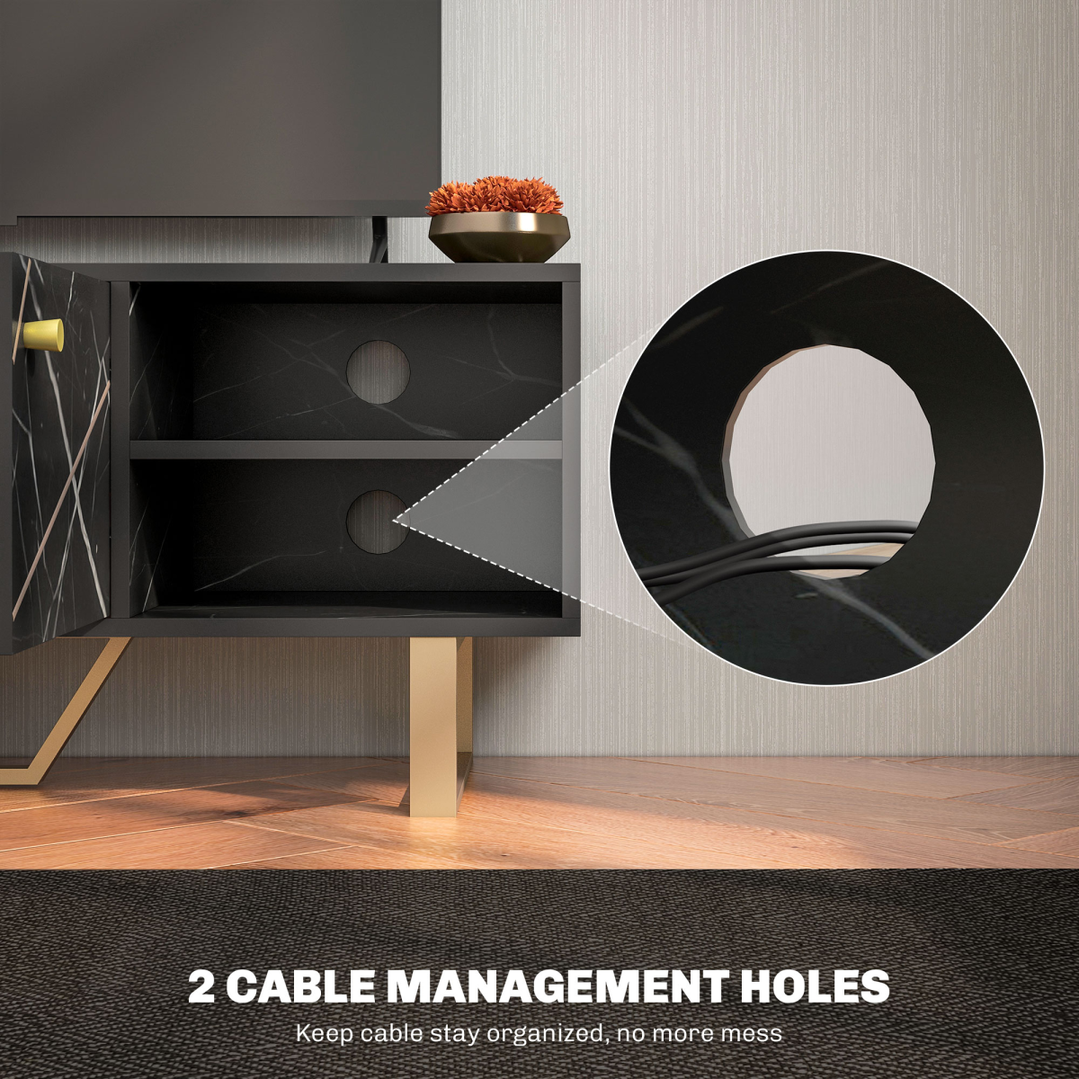 HOMCOM black marble TV unit with cupboard and two shelves, cable management holes for tidy living room.