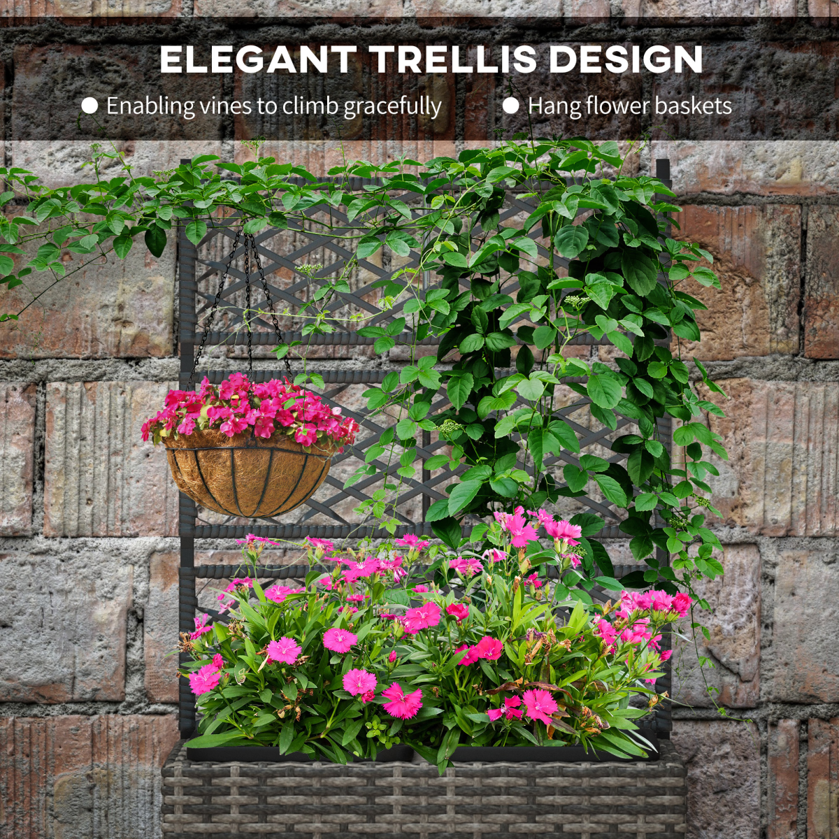 Outsunny Planter Box With Trellis 57x30x107cm on patio with metal frame, wicker finish, and climbing vines.