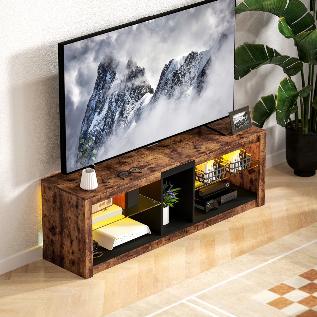 HOMCOM 140cm TV stand with top LED lighting, living room storage, holds media gear, supports up to 65-inch TVs.