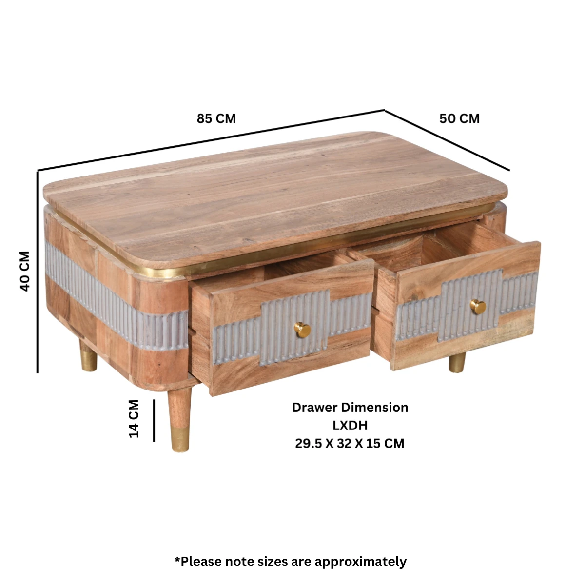Indian Hub Wilton Acacia Wood Handcrafted Coffee Table Two Drawer Eco Friendly Modern Living Room - Coffee Table