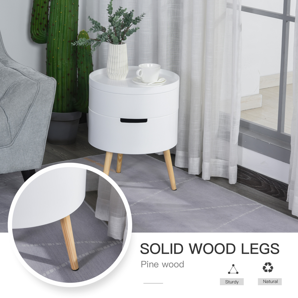 Premium White Circular Side Table Dia 16In Height 20In Removable Top Tray Dual Storage Nightstand And Coffee Table