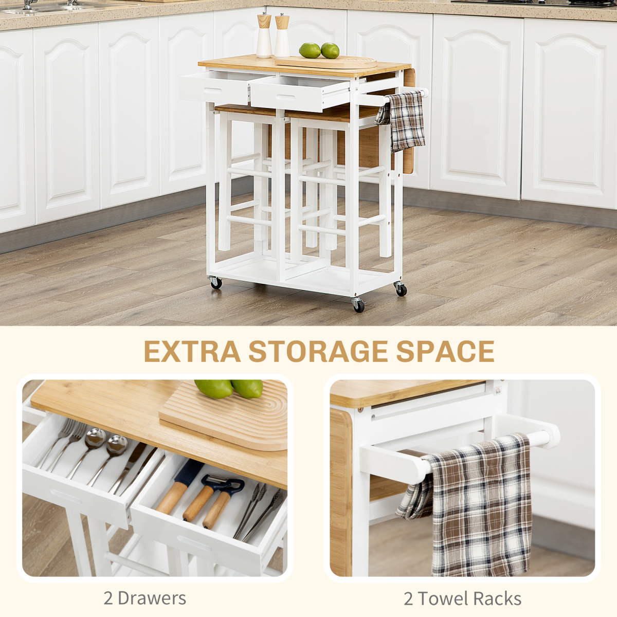 HOMCOM Bamboo Breakfast Cart Drop Leaf Table Stools - HOMCOM - Home Symphony