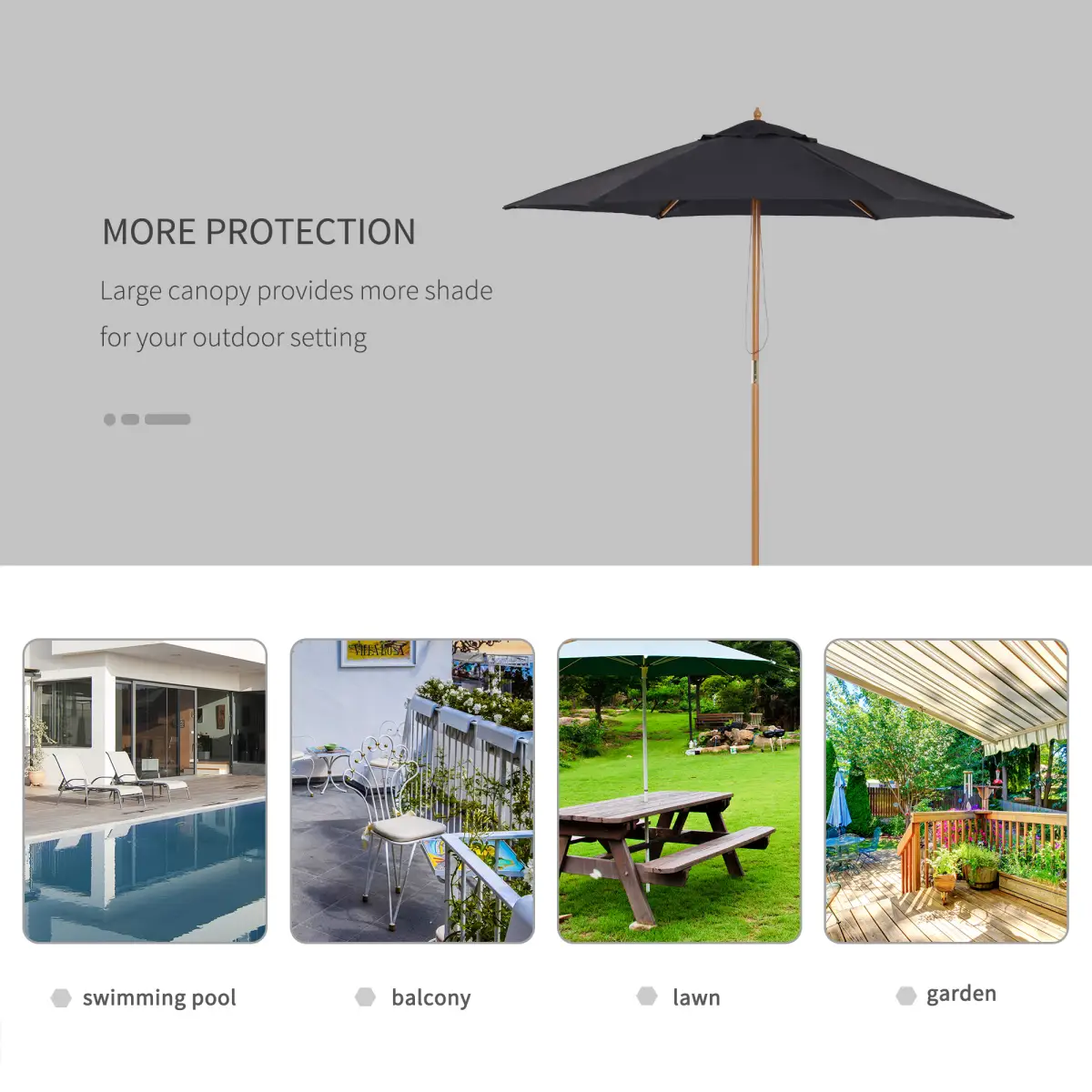 Outsunny 2.5m Wood Garden Parasol Sun Shade Patio Outdoor Wooden Umbrella - Parasol