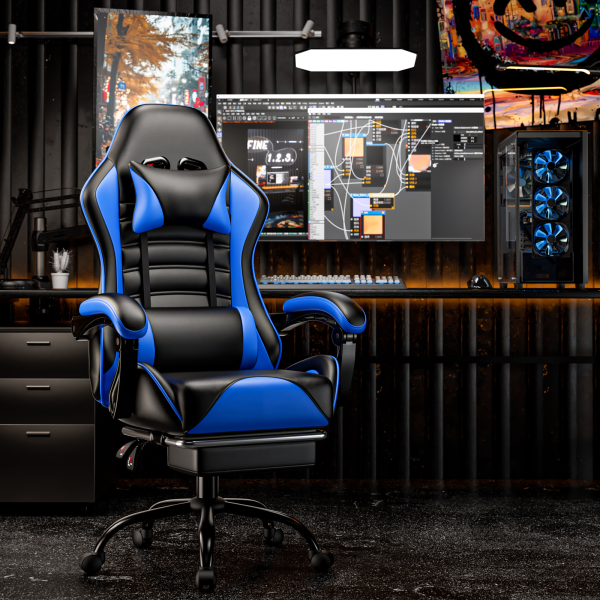 Home Symphony Pro Gaming Chair With Adjustable Lumbar Support For Adults in black-blue PU leather in a gaming setup.