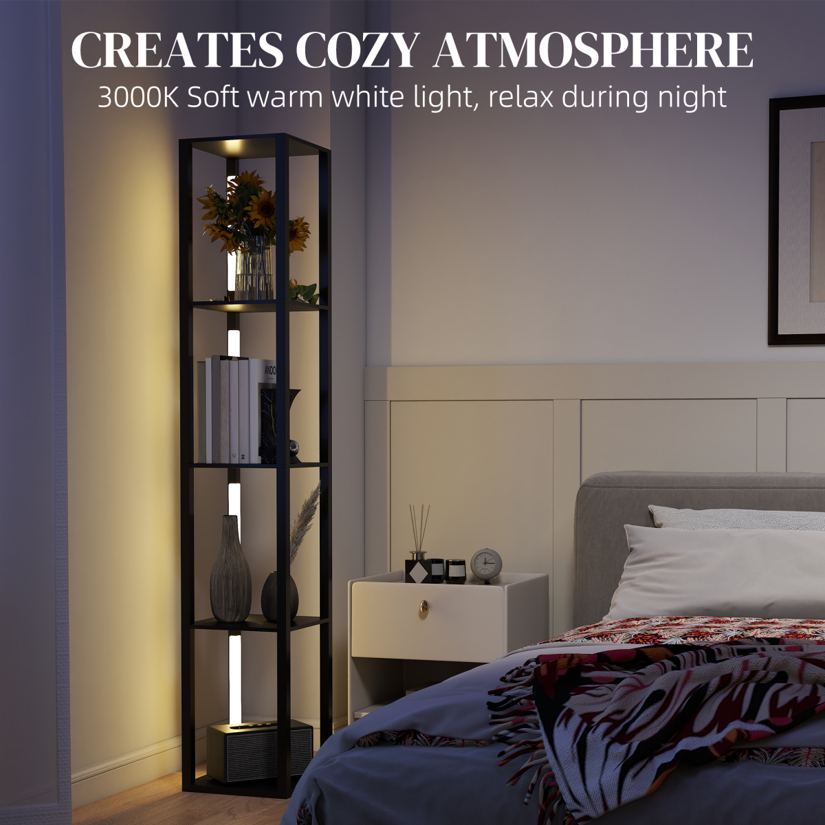 Stylish HOMCOM Floor Lamp for Living Room, Standing Lamp with Foot Switch, Black, enhances cozy ambiance with adjustable brightness.