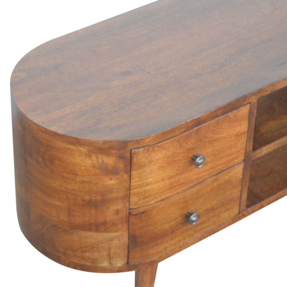 Artisan Entertainment Unit in solid mango wood with rounded edges, chestnut finish, two drawers and open shelf.