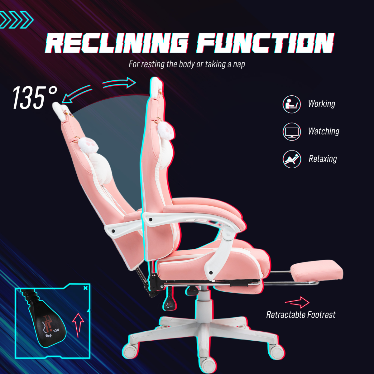 HOMCOM Pink Gaming Chair 44-52cm Recline Footrest for Gamers with cat ears, pink upholstery and retractable footrest