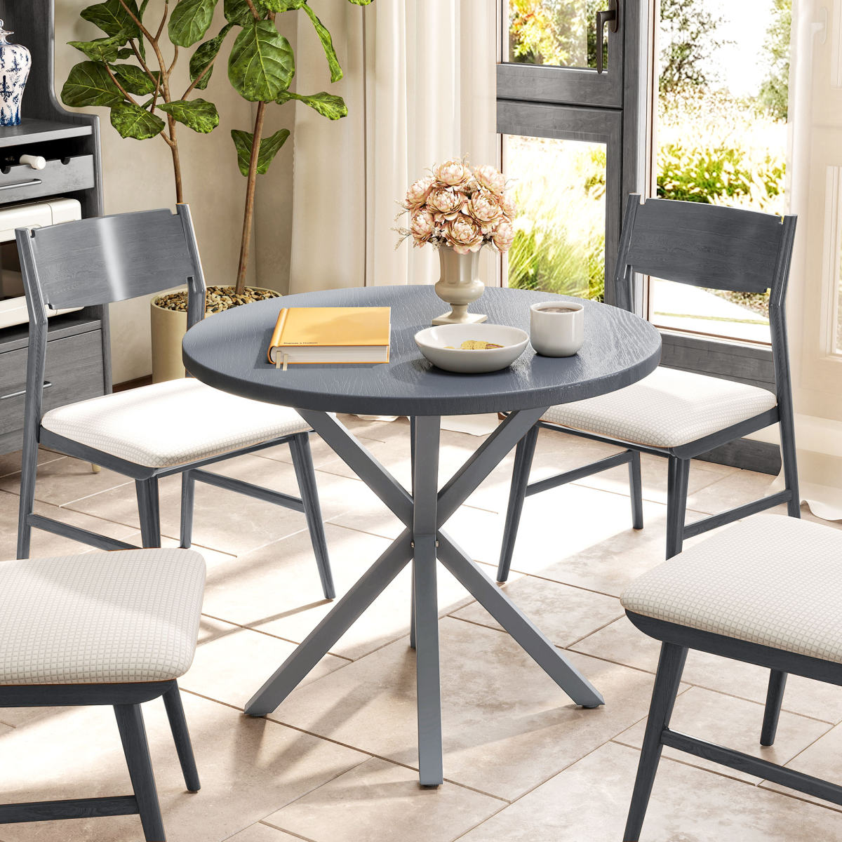 Premium Outdoor Dining Table Round 42Inches Diameter Stable Metal Base For Patio Dining Entertaining - N/A - Home Symphony