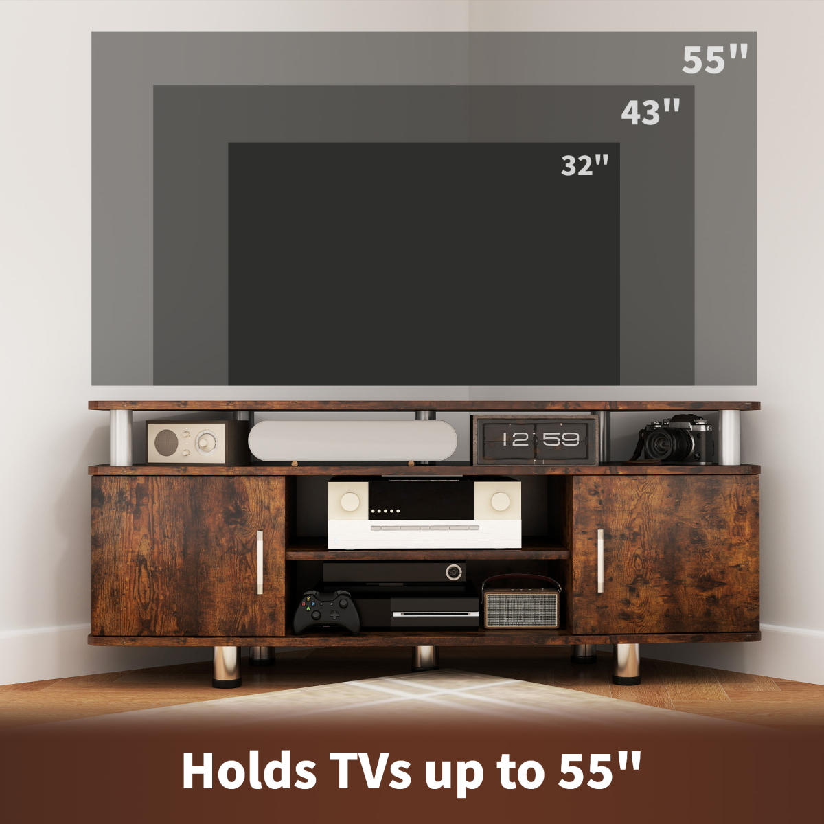 HOMCOM 120cm rustic TV unit with two cupboards and shelves, holds TVs up to 55 inches.