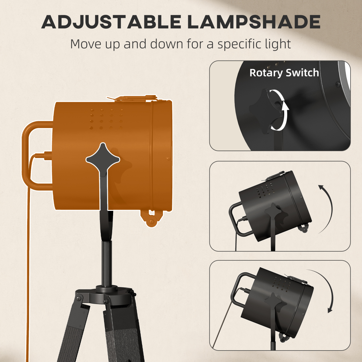 HOMCOM Tripod Floor Lamp Wood Height Adjustable