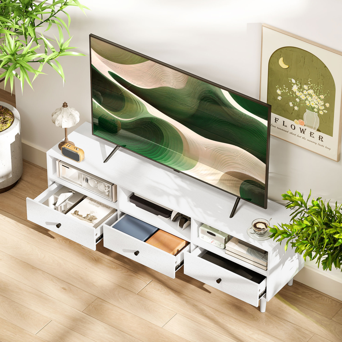 HOMCOM 75-inch TV unit with three drawers and open shelves in a white living room setup
