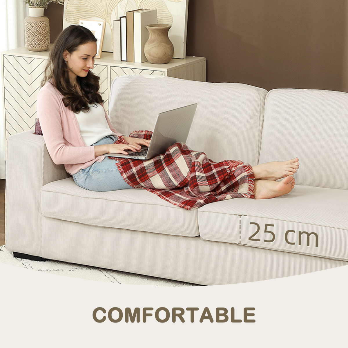 Homcom Three Seater Sofa Corduroy Cream White Cup Holders - HOMCOM - Home Symphony