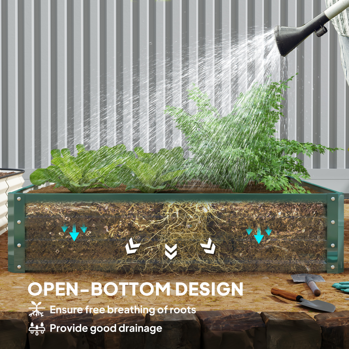 Premium Raised Garden Bed 120x120cm with open-bottom design for vegetables and herbs; roots visible.