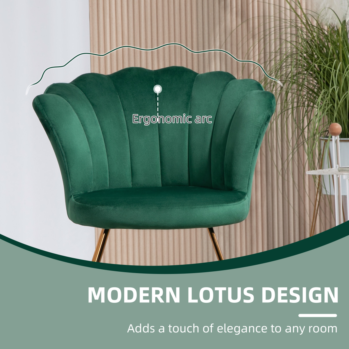 Green velvet HOMCOM Lotus-backrest accent chair with scalloped back and gold legs.