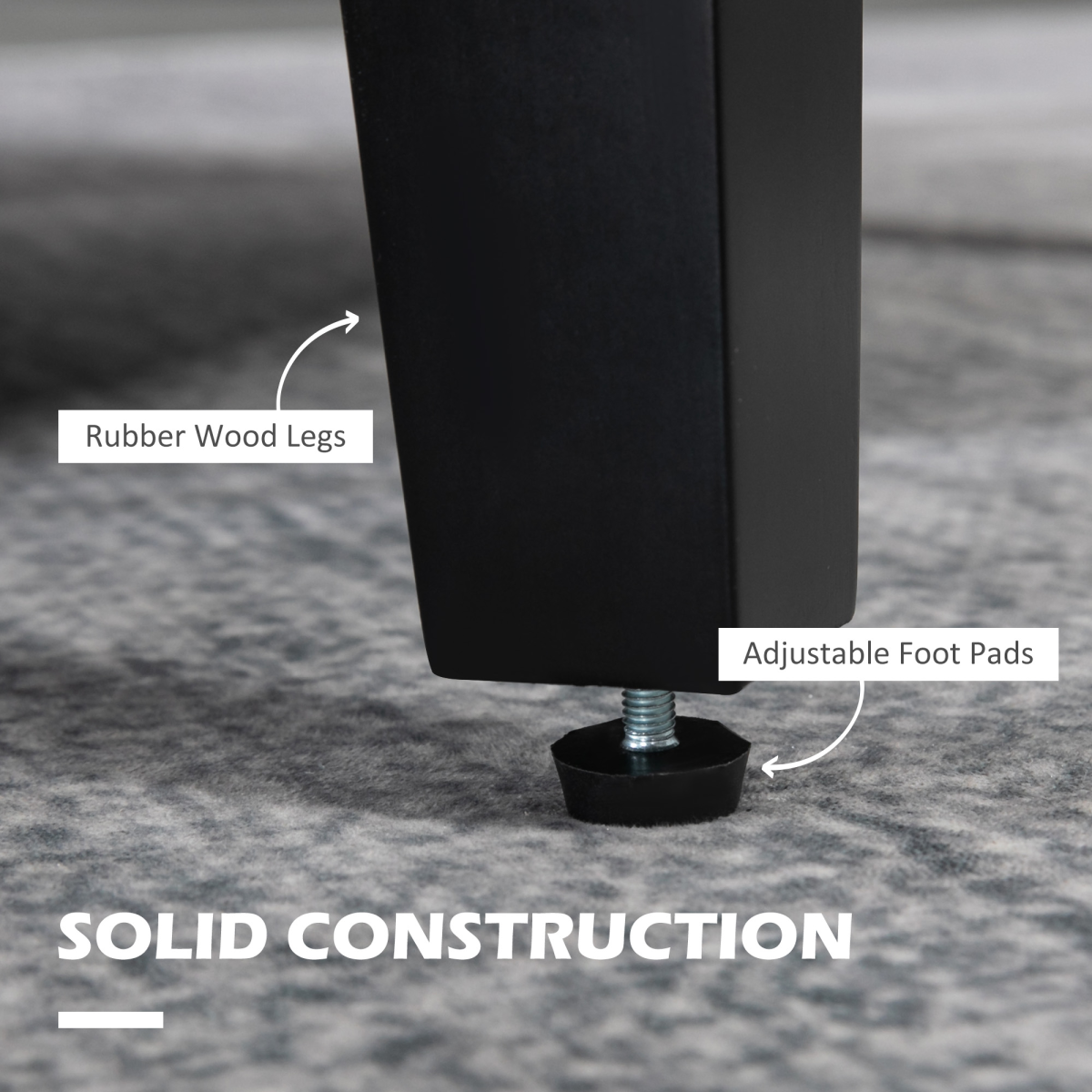 Grey linen armchair with curved arms, rubber wood legs, and adjustable foot pads.