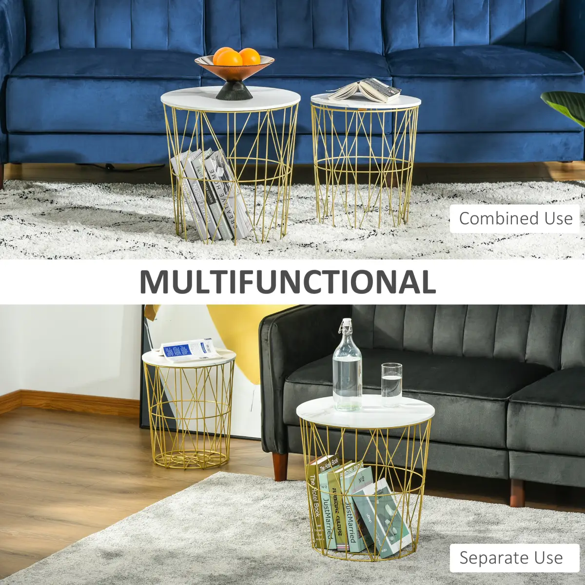 HOMCOM HOMCOM Set of 2 Nesting End Tables Side Tables w/ Basket Removable Top, White - Nest of Tables