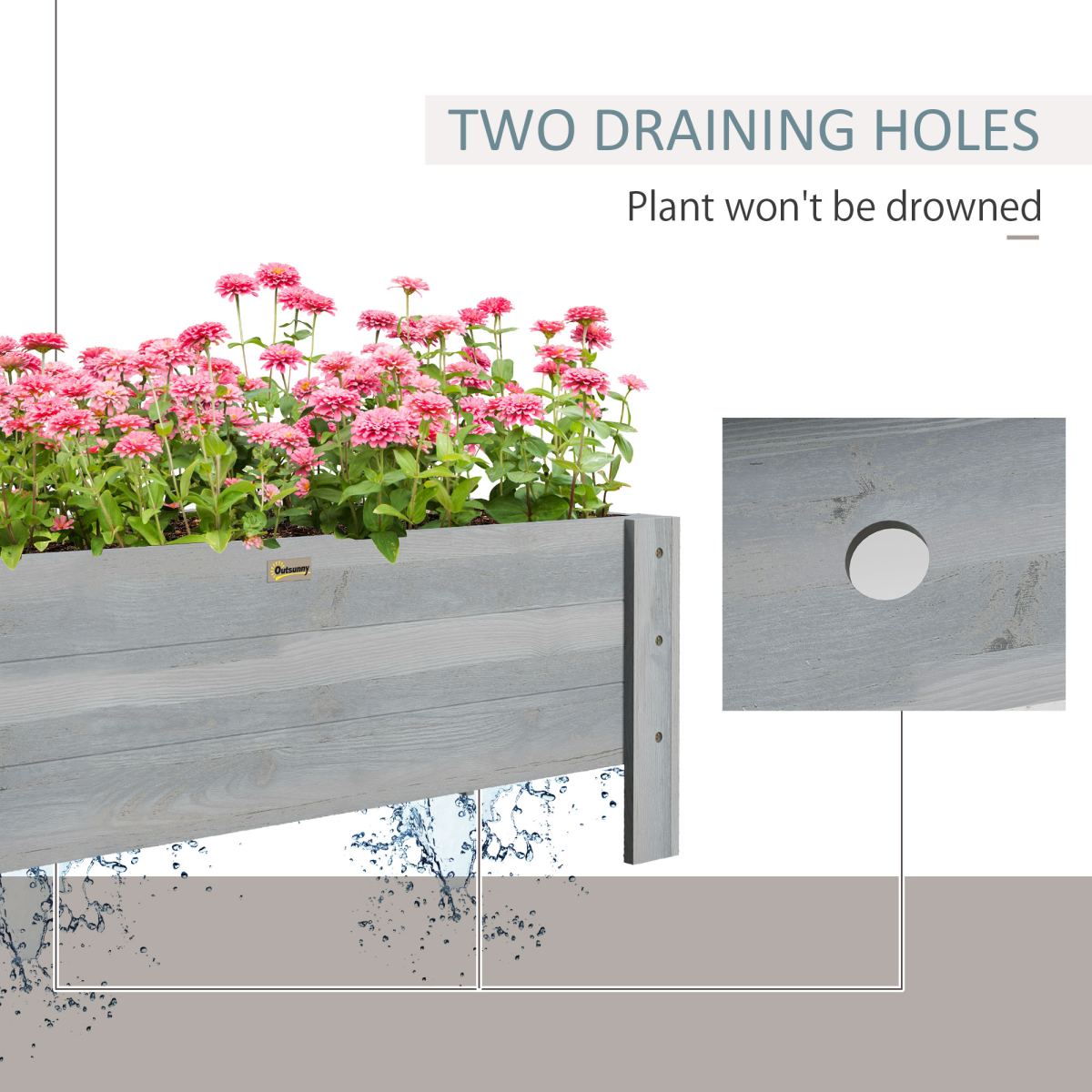 Outsunny raised bed planter 100x36.5x36cm in wood with pink flowers and two drainage holes.