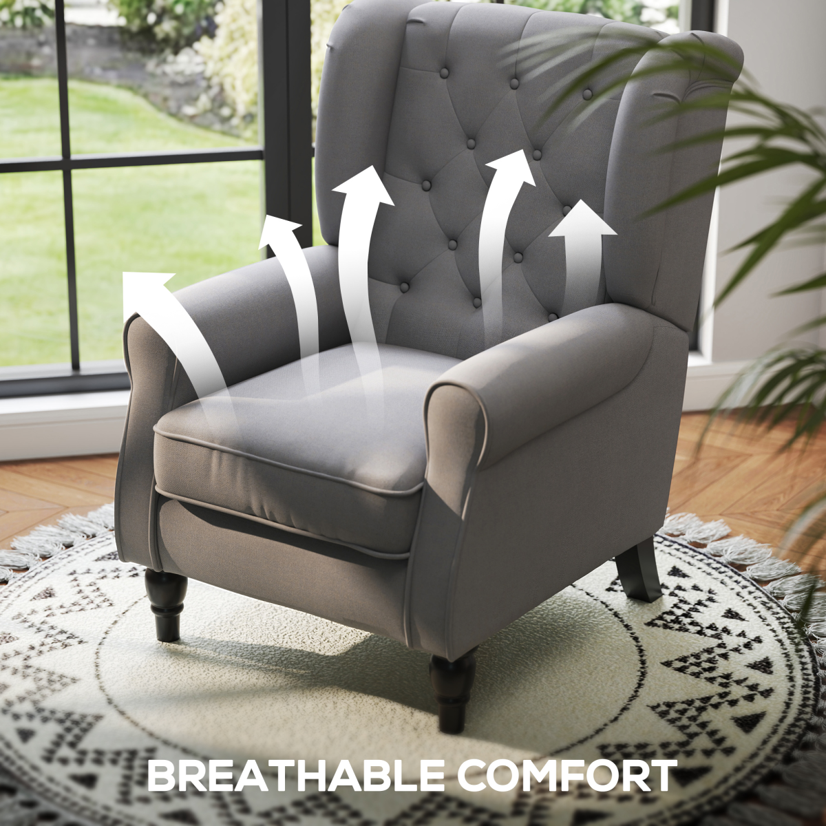 Grey fabric accent armchair with tufted wingback, compact retro design, padded seat, wooden legs, breathable comfort.
